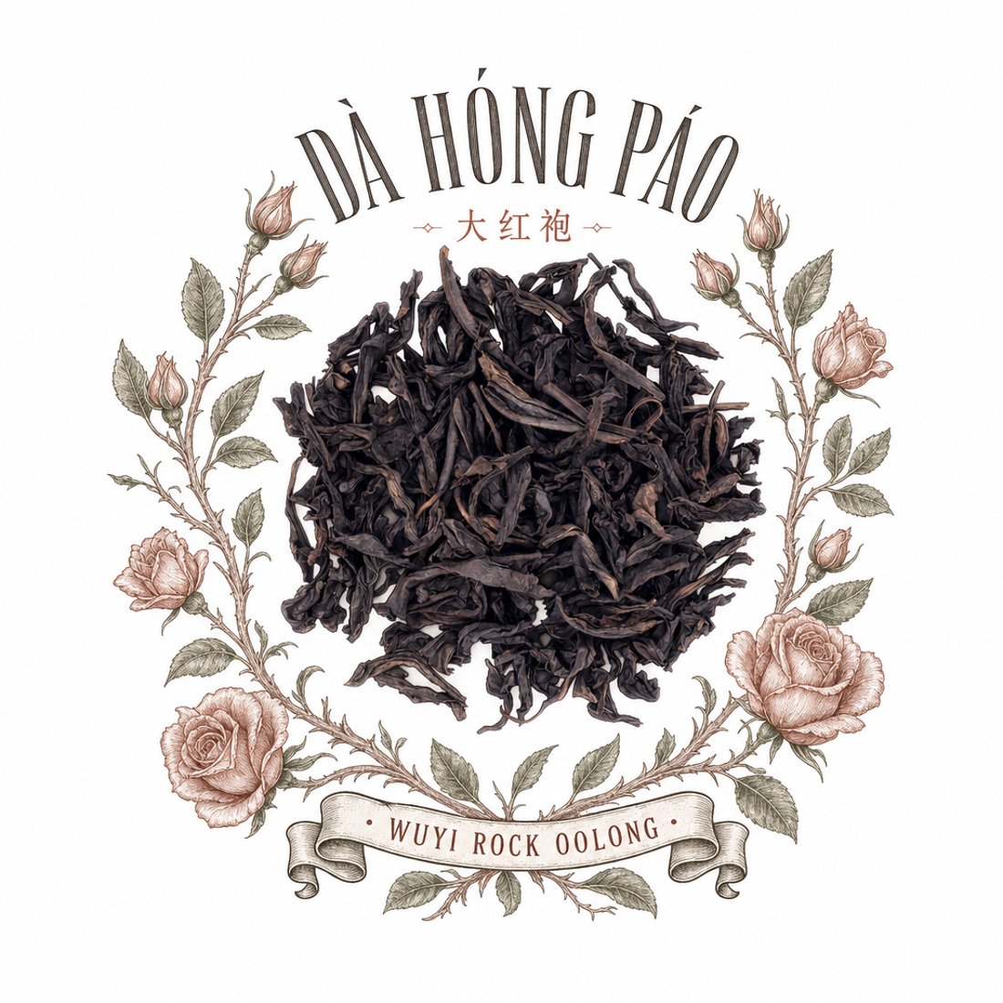 Pressed pu-erh cubes on aged cream paper inside an oval wreath of engraved roses, under an arch of serif capitals