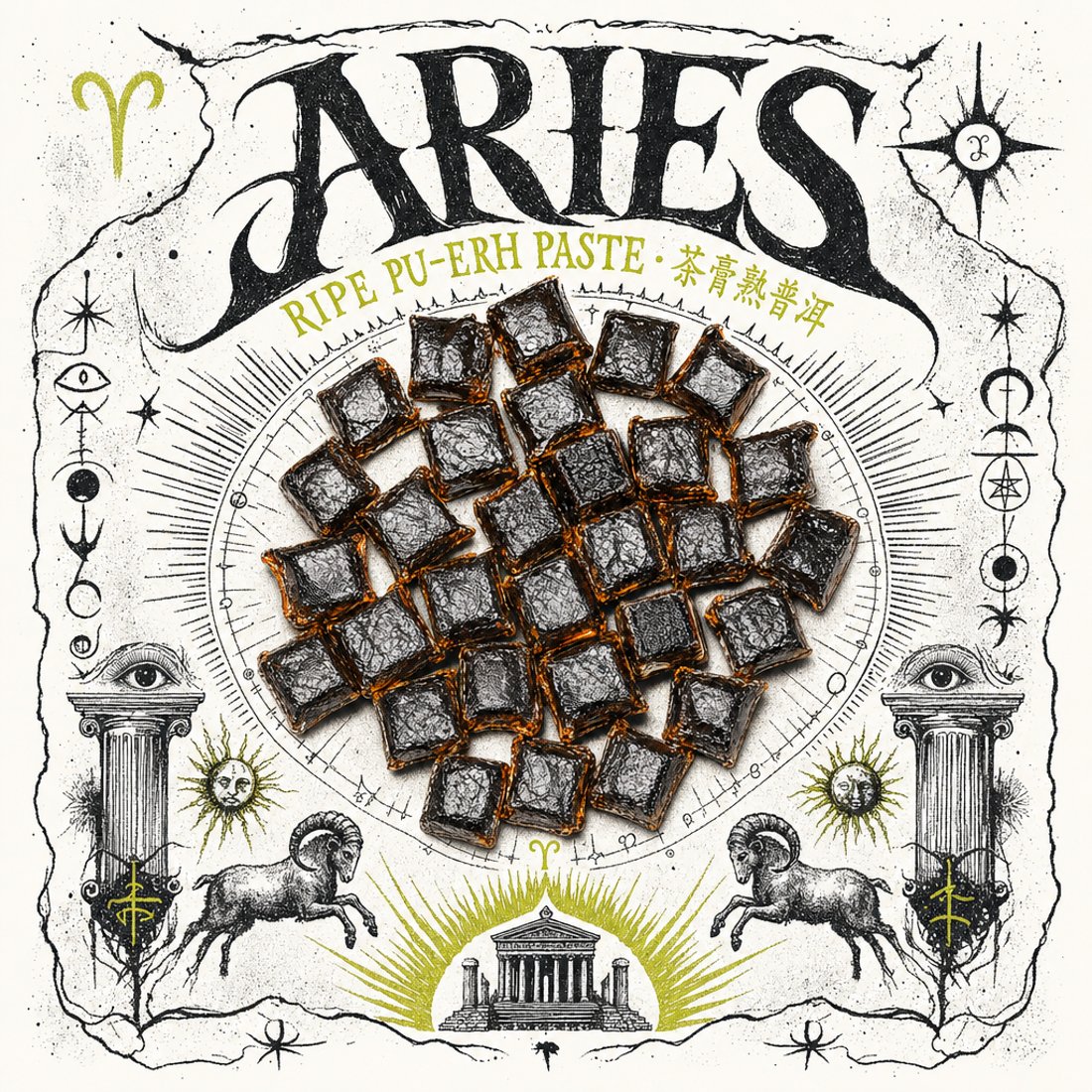 Pressed ripe pu-erh squares centred in an inked zodiac wheel on torn cream paper, under a heavy gothic headline with olive-green captions