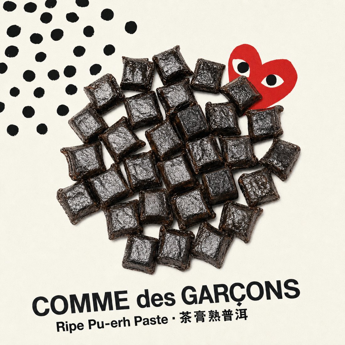 Ripe pu-erh cubes cut out on cream paper beside a flat red heart with two eyes, hand-inked black dots scattered in the corner