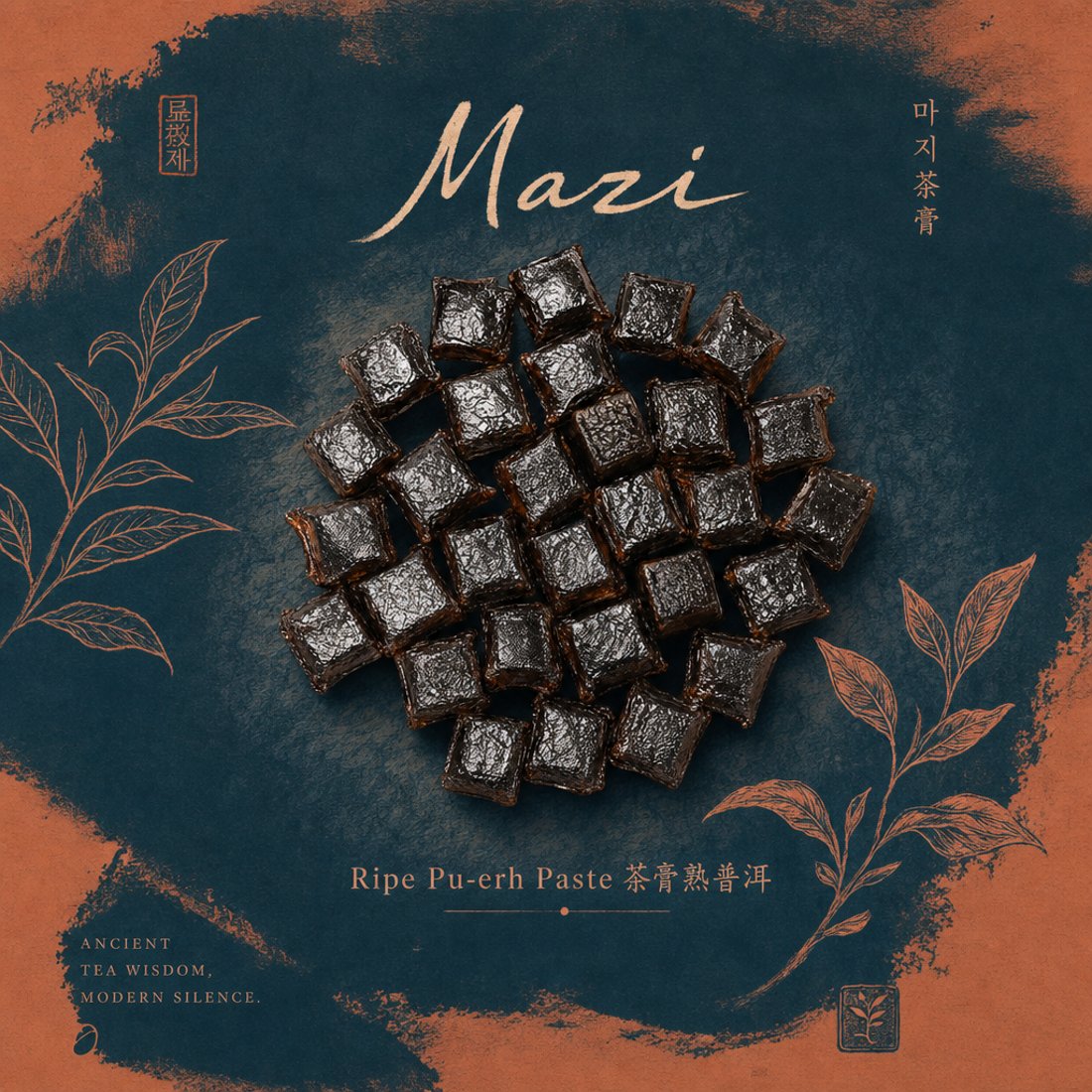 A grid of glossy pressed pu-erh cubes on a petrol blue painted ground with terracotta brush washes and copper line drawings of tea branches