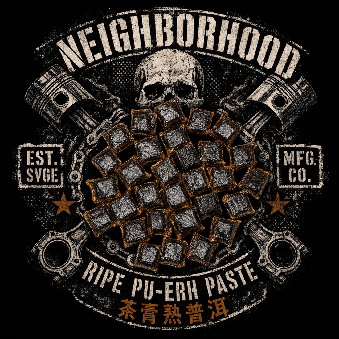 Black panel with a distressed arc of slab caps, a skull with crossed pistons and chain, and a stack of dark pu-erh paste cubes at the centre