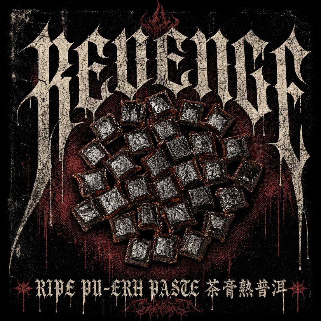 Pressed ripe pu-erh squares on near-black ground inside a dark red halftone bloom, under bone-white spiked blackletter with paint drips