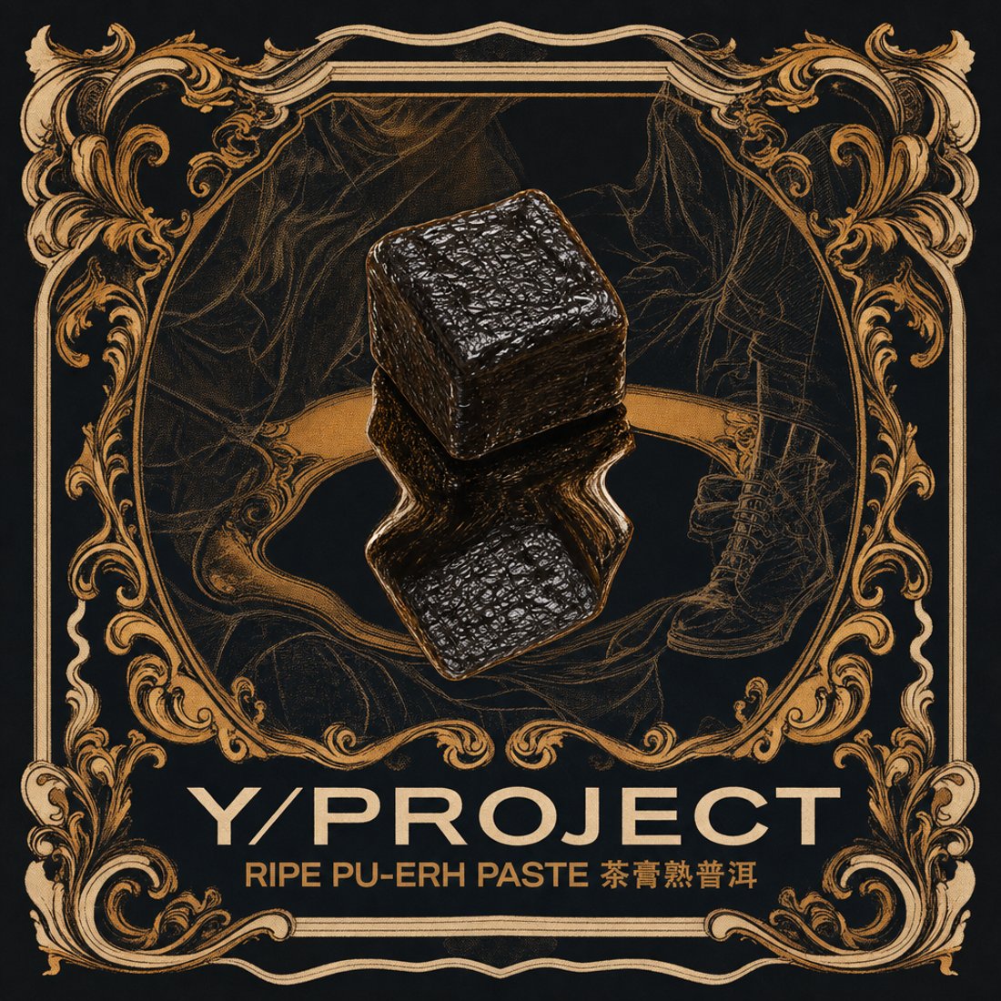 A pressed pu-erh cube inside a gold baroque frame on black, doubled by a warped gold reflection sliding out beneath it