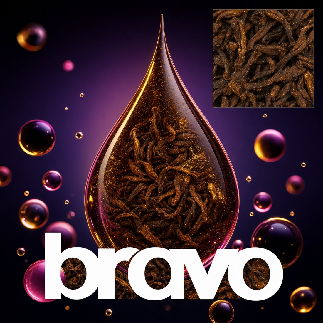 A glossy teardrop holding ripe pu-erh cubes in amber liquor, violet and magenta bubbles floating around it on white