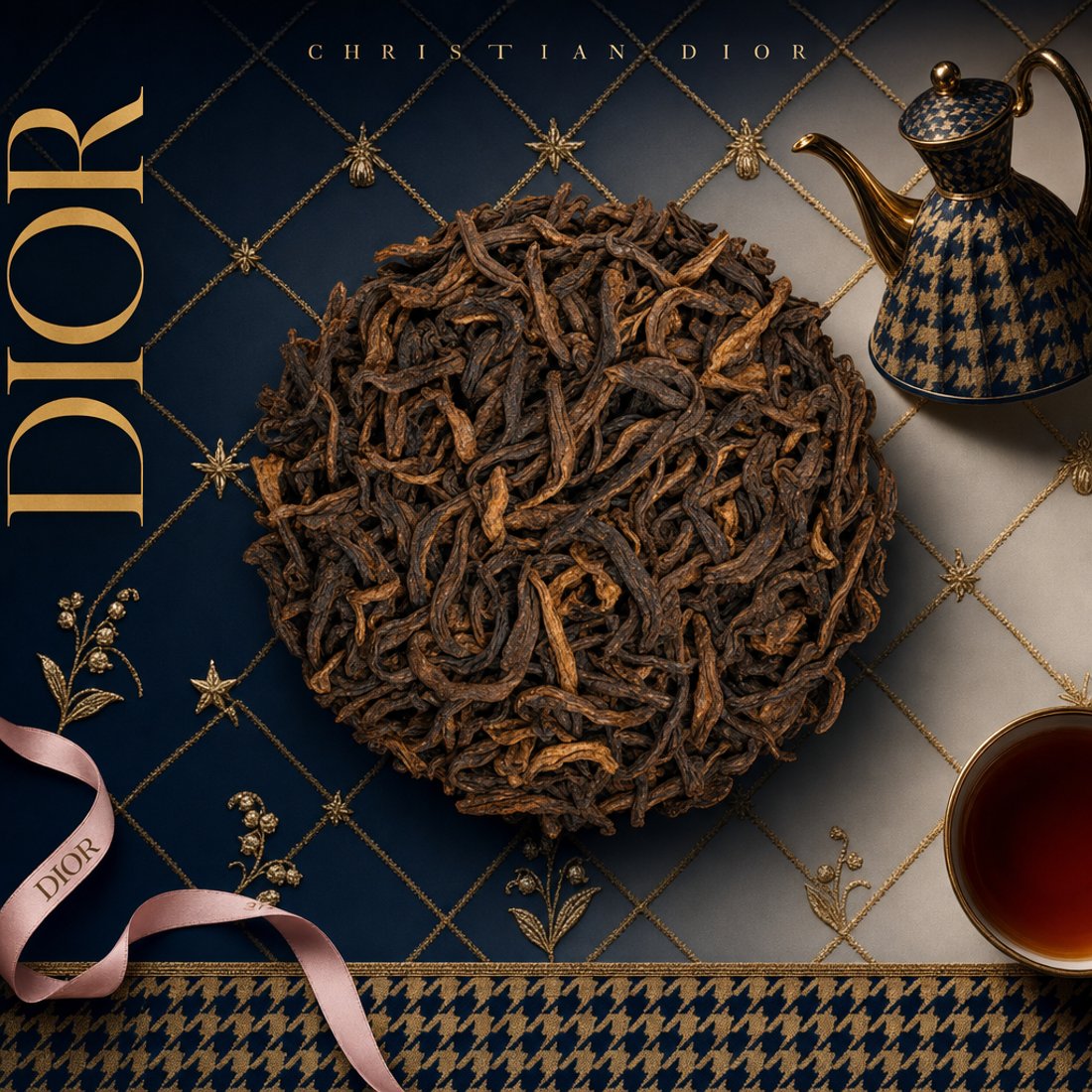A round disc of golden-bud shu pu-erh on a navy quilted lattice stitched in gold, with gold bee charms, a houndstooth teapot and a pale pink ribbon