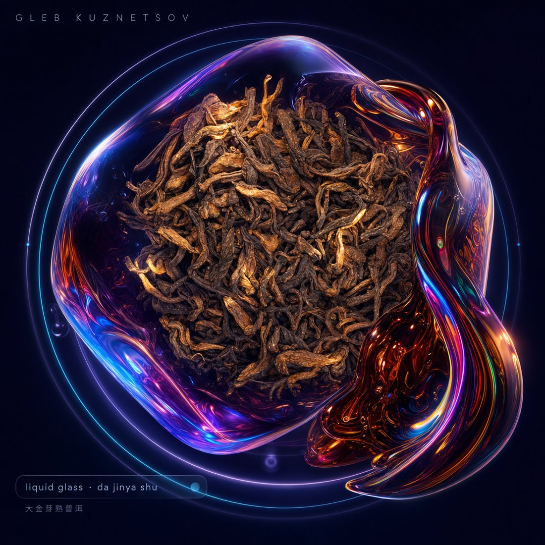 Dark poster: iridescent chrome lidded bowl filled with brewed pu-erh, dark tea nuggets falling through a ribbon of neon light