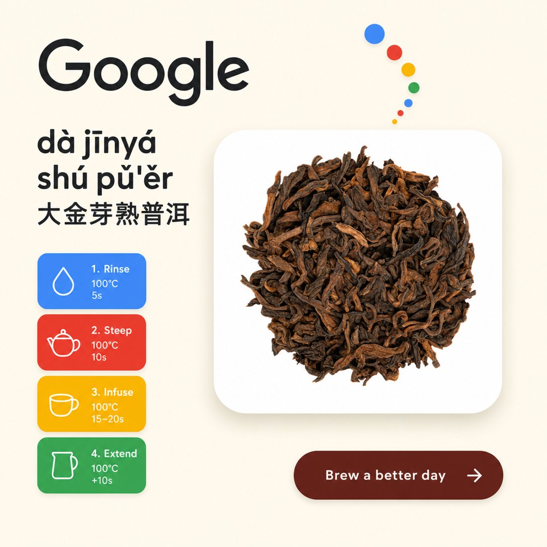 Golden-bud shu pu-erh on a white rounded card beside blue, red, yellow and green step chips with drop, teapot, cup and jug icons
