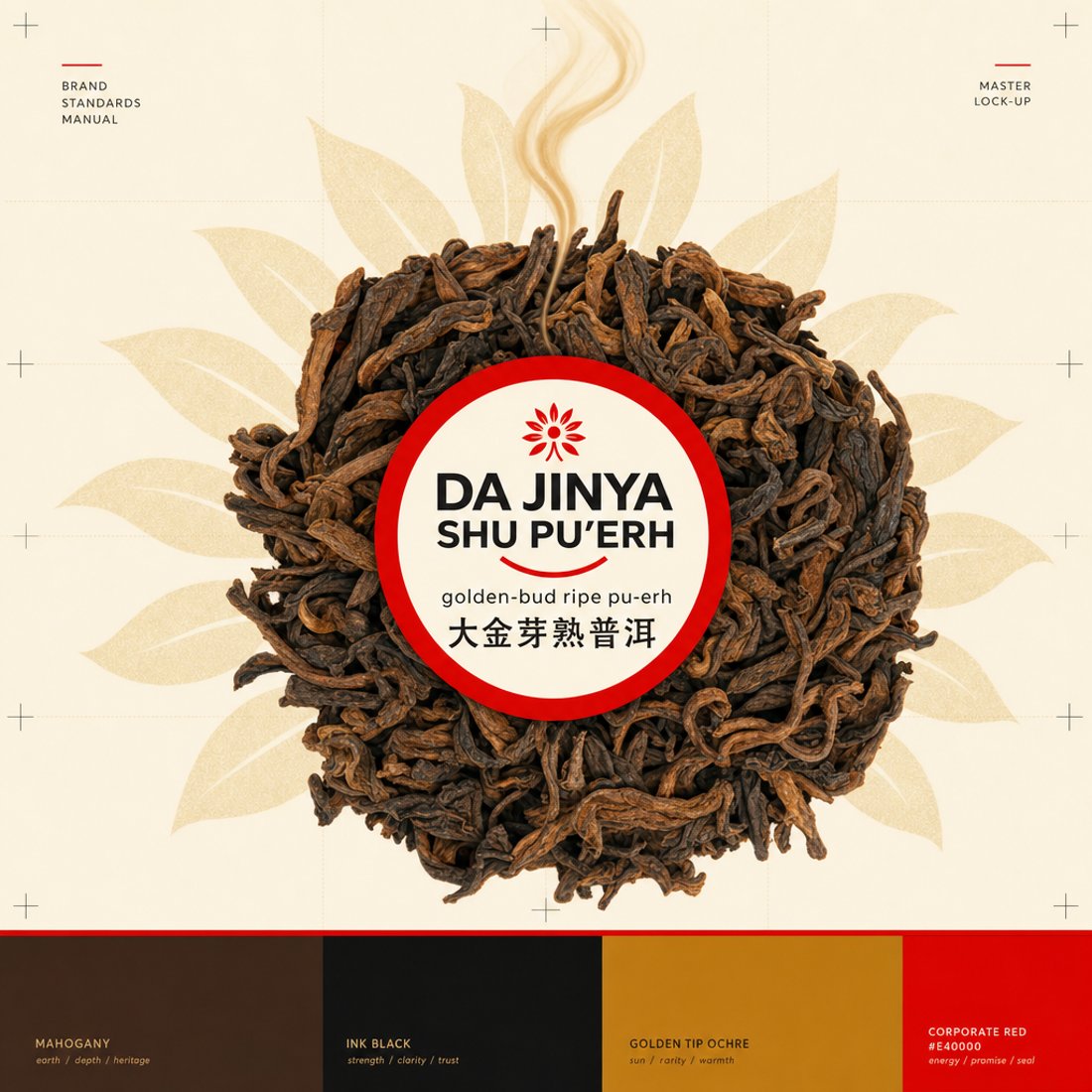 Golden-bud ripe pu-erh on cream with a circular red-ringed lock-up over it and a four-colour palette bar below