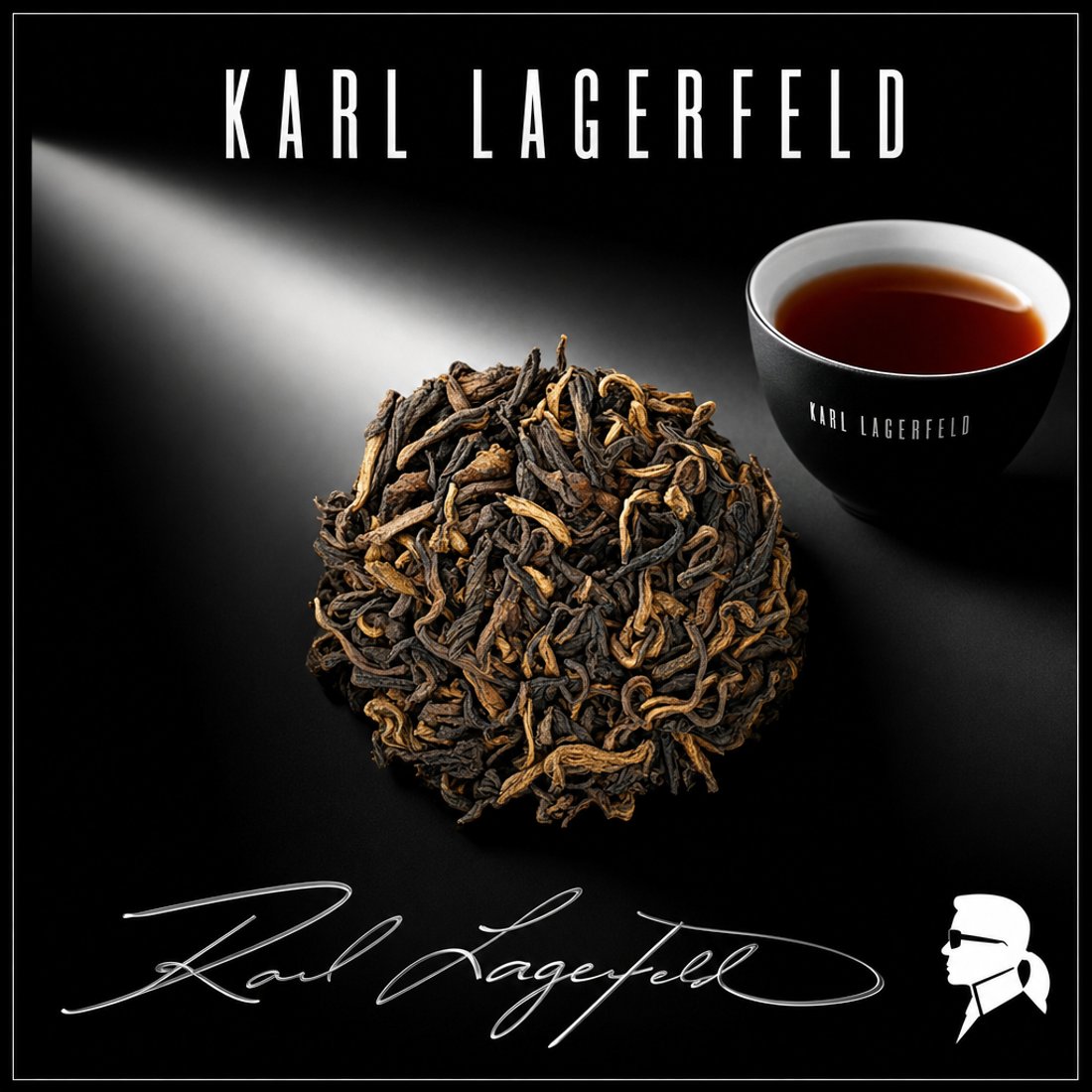 Ripe pu-erh resin and its broken pieces lit against white under condensed capitals, with a drawn signature below
