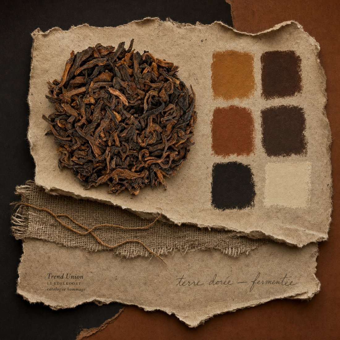 A round disc of golden-bud shu pu-erh on torn handmade paper with raw frayed linen beside it and six hand-painted gouache colour chips in ochre, rust, brown and cream
